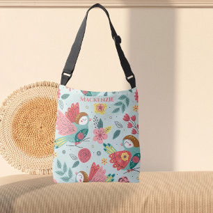 Pretty Birds and Flower Pattern Personalised Crossbody Bag