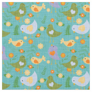 Pretty Birds and Flowers on Aqua Fabric