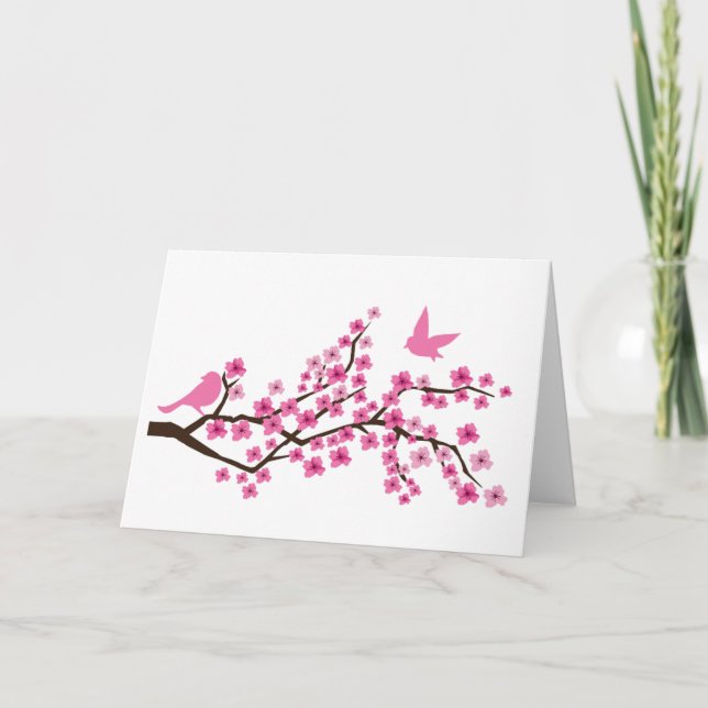 Pretty birds on cherry blossom branch card (Front)