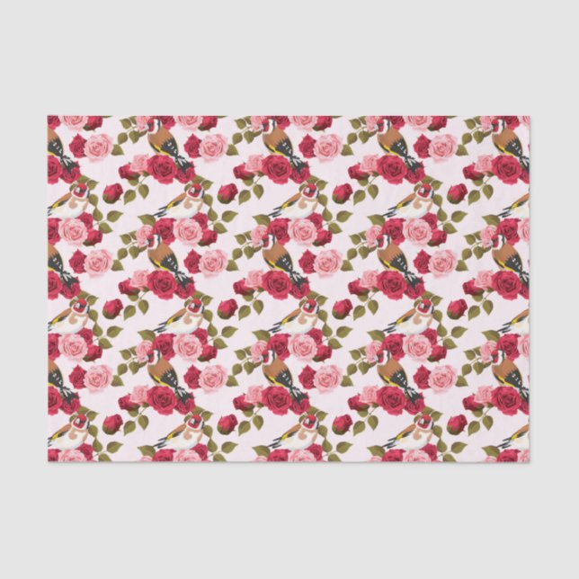 Pretty Birds Perched on Pink & Red Roses Tissue Paper (Front)
