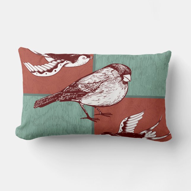 Pretty Birds Sparrows Red Blue Colour Block Design Lumbar Cushion (Front)