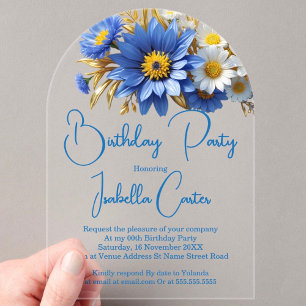 Pretty Birthday Blue White Gold Flowers Acrylic Invitations