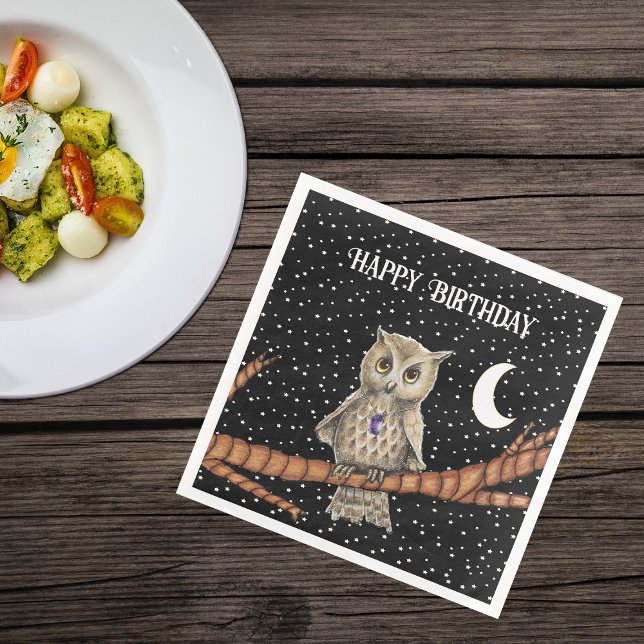 Pretty Birthday Brown Owl Purple Crystal Moon Star Napkin (Pretty Brown owl purple crystal necklace on branch moon stars on Black sky Birthday paper napkin.)