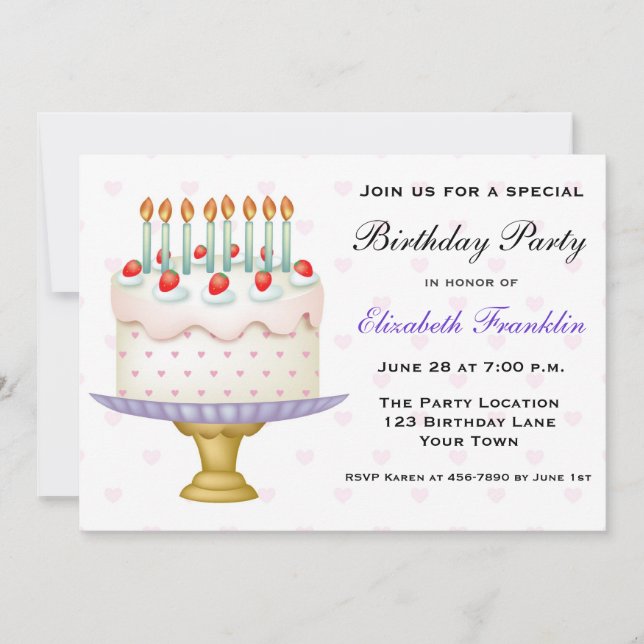 Pretty Birthday Cake with Hearts and Candles Invitation (Front)