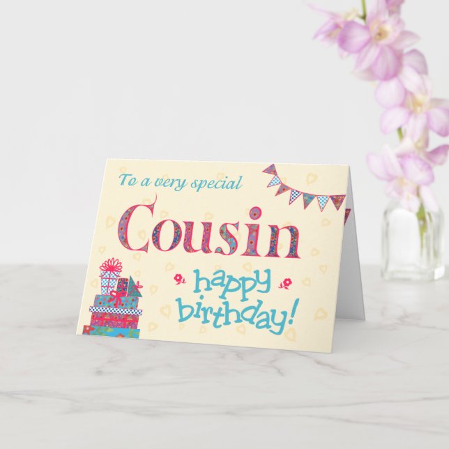 Pretty Birthday Card for Cousin, Bunting, Gifts (Orchid)