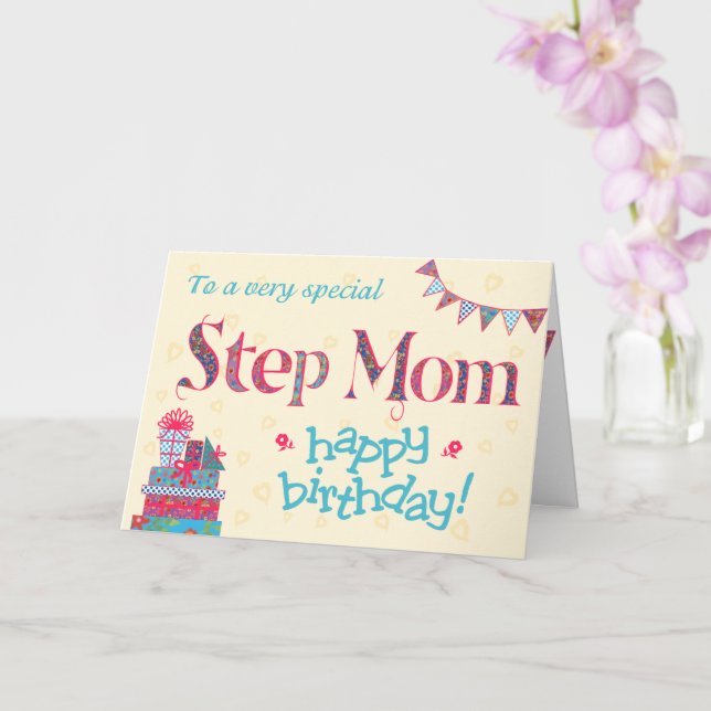 Pretty Birthday Card for Step Mum, Bunting, Gifts (Orchid)
