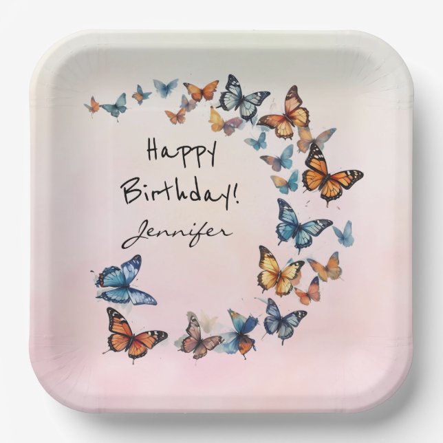 Pretty Birthday Party Butterfly Paper Plate (Front)