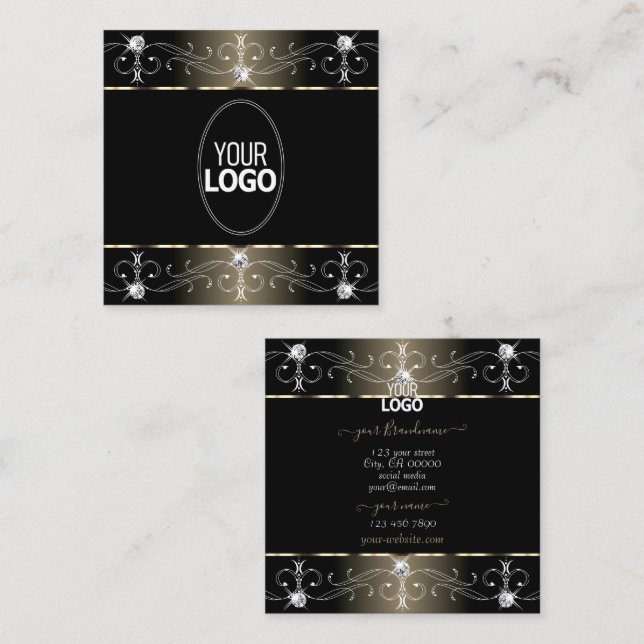 Pretty Black and Beige Ornate Ornaments with Logo Square Business Card (Front/Back)