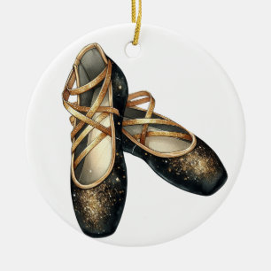 PRETTY BLACK AND GOLD BALLET TOE SHOES CERAMIC ORNAMENT