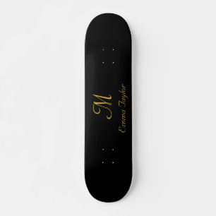 Pretty Black and Gold Monogram Script Name   Skateboard