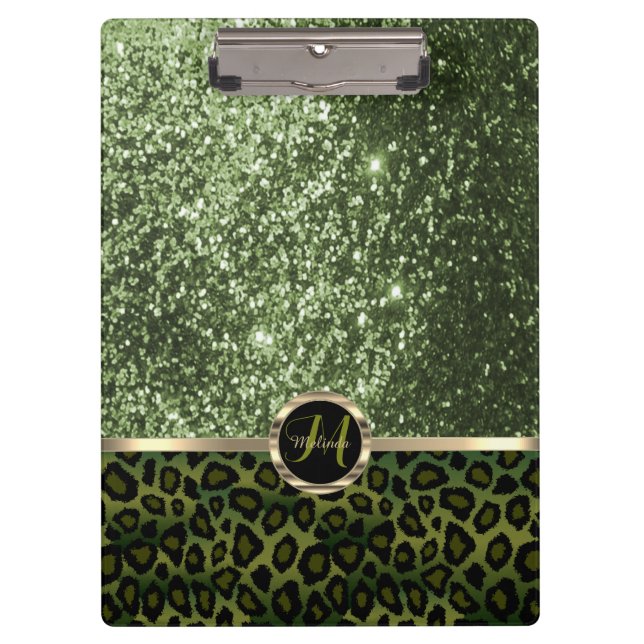Pretty Black and Green Glitter Design Clipboard (Front)