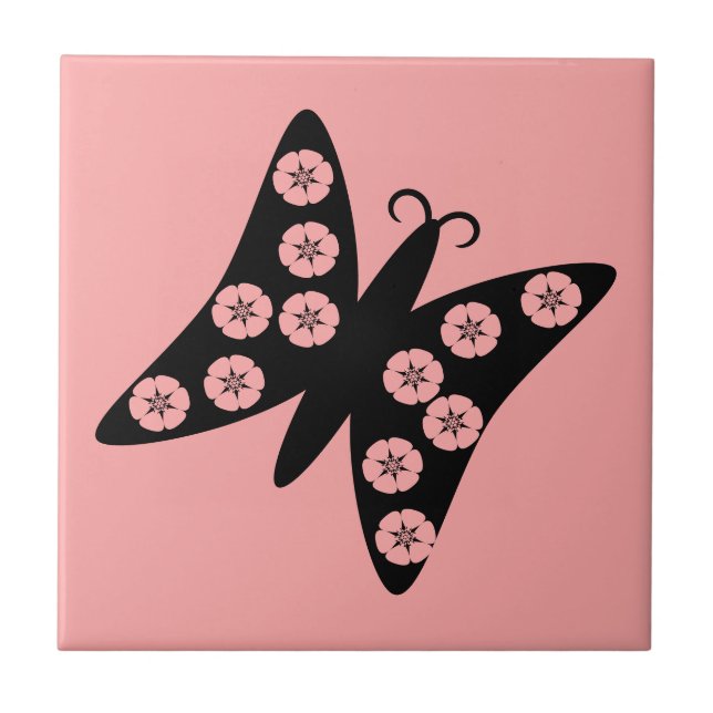 Pretty Black and Pink Floral Butterfly Ceramic Tile (Front)