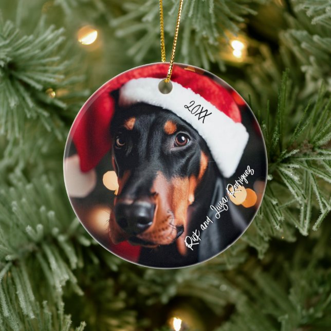 Pretty Black and Tan Doberman with Santa Hat Ceramic Ornament (Tree)