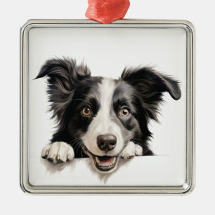 PRETTY BLACK AND WHITE BORDER COLLIE DOG METAL ORNAMENT