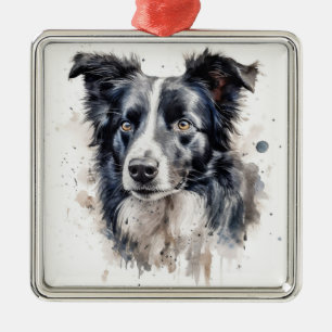PRETTY BLACK AND WHITE BORDER COLLIE DOG METAL ORNAMENT