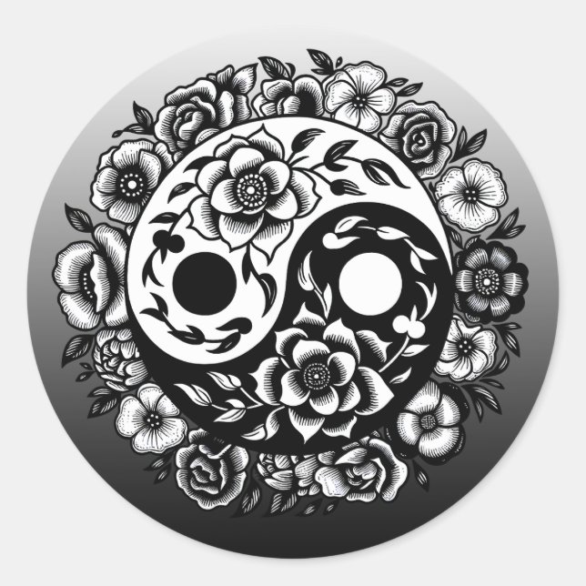 Pretty Black and White Floral Yin Yang Classic Round Sticker (Front)