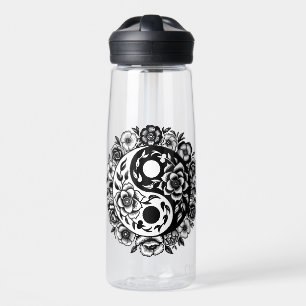 Pretty Black and White Floral Yin Yang Personalise Water Bottle