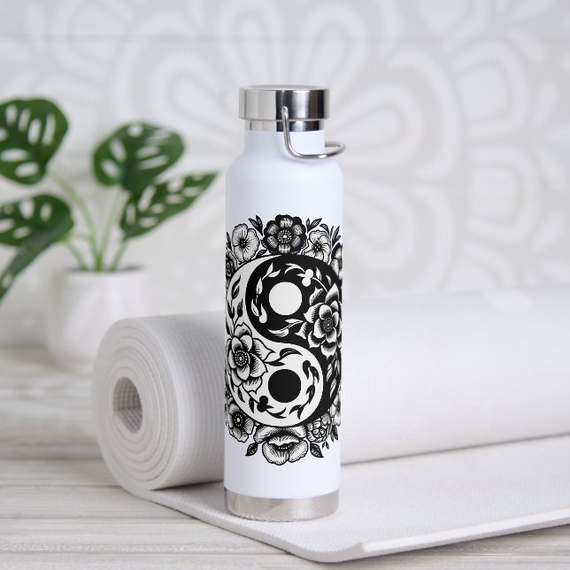 Pretty Black and White Floral Yin Yang Water Bottle (Yoga)