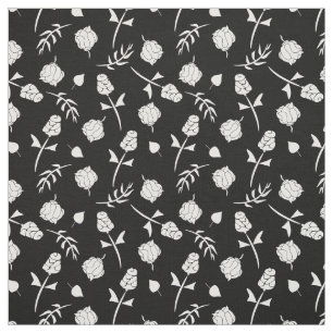 Pretty Black and White Roses Rosebud Floral Print Fabric