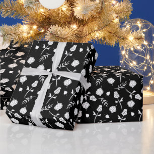 Pretty Black and White Roses Rosebud Floral Print Wrapping Paper
