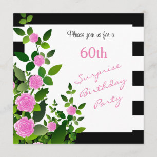 Pretty Black and White Stripes with Pink Roses Invitation