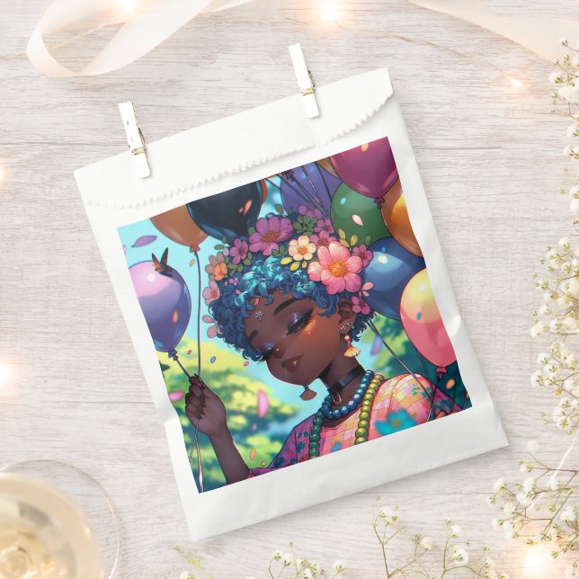 Pretty Black Anime Girl with Birthday  Favour Bag (Clipped)