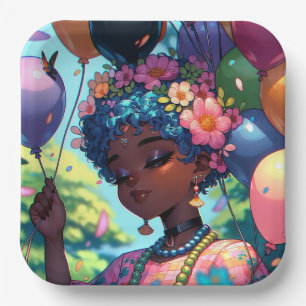 Pretty Black Anime Girl with Birthday  Paper Plate