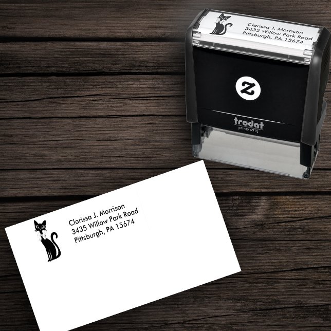 Pretty Black cat Big Eyes wearing Bow Self-inking Stamp (Pretty sitting black cat big eyes wearing bow on self inking return address stamp.)