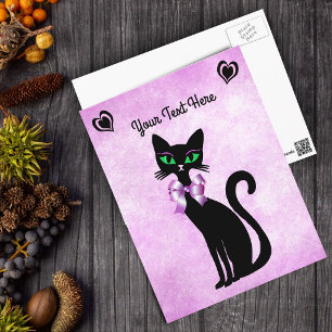Pretty Black Cat Green Eyes Hearts Bow on Pink Postcard