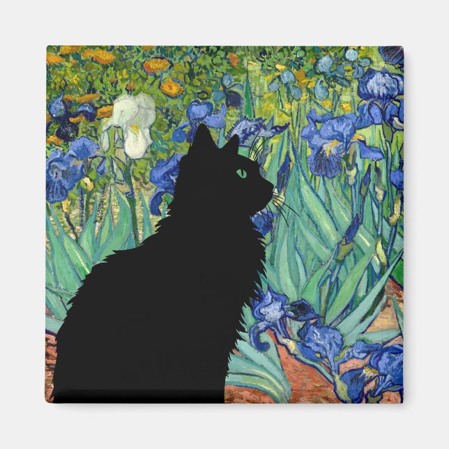 Pretty Black cat in field of Irises on Frig Magnet (Front)