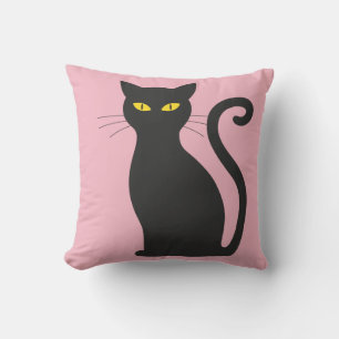 PRETTY BLACK CAT Pillow, Pink Cushion