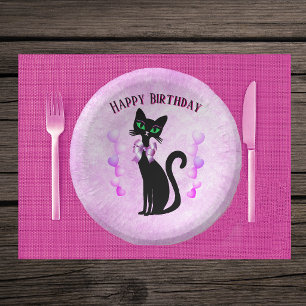 Pretty Black Cat Pink Bow Bright Hearts on Pink Paper Plate