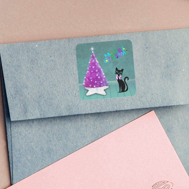 Pretty Black Cat Pink Bow Pink Christmas Tree Teal Square Sticker (Mid century Christmas pink silver tree pretty black cat in teal coloured room on stickers.)