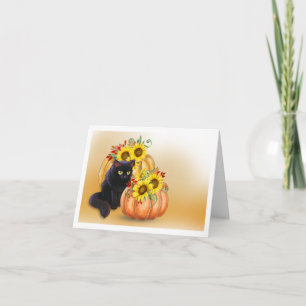 Pretty Black Cat & Pumpkin Halloween Note Card
