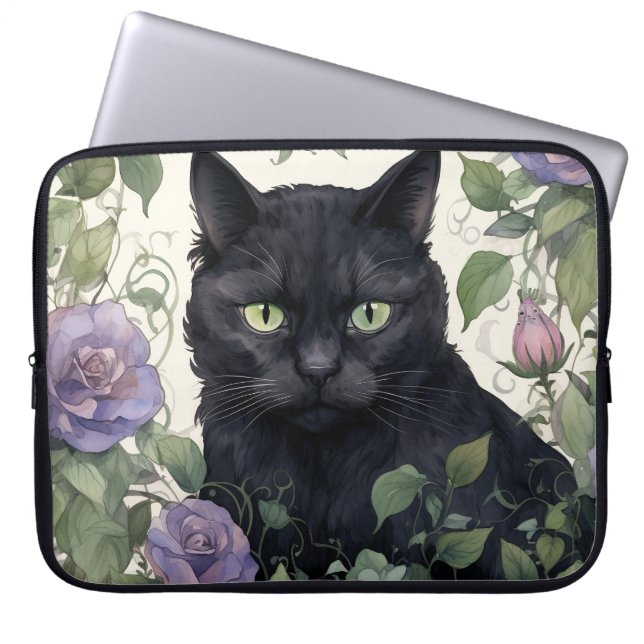 PRETTY BLACK CAT SURROUNDED BY PLANTS & FLOWERS LAPTOP SLEEVE (Front)
