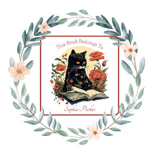 Pretty Black Cat With Book Floral Bookplate Square Sticker