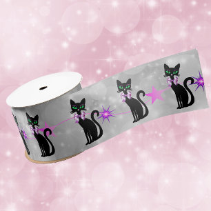 Pretty Black Cats Pink Bows Stars on White Circles Satin Ribbon