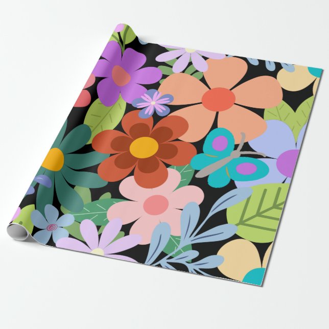 Pretty Black Floral Pattern Wrapping Paper (Unrolled)