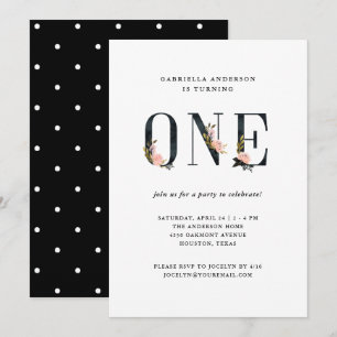 Pretty Black Floral Text   First Birthday Party Invitation
