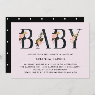 Pretty Black Floral Text on Blush Baby Shower Invitation