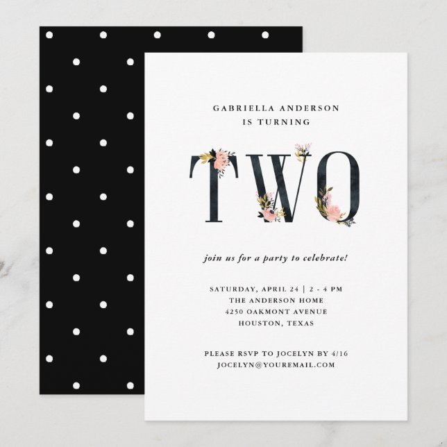 Pretty Black Floral Text | Second Birthday Party Invitation (Front/Back)