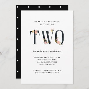 Pretty Black Floral Text   Second Birthday Party Invitation