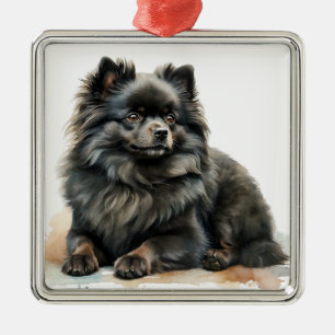PRETTY BLACK FLUFFY POMERANIAN PUPPY DOG METAL ORNAMENT