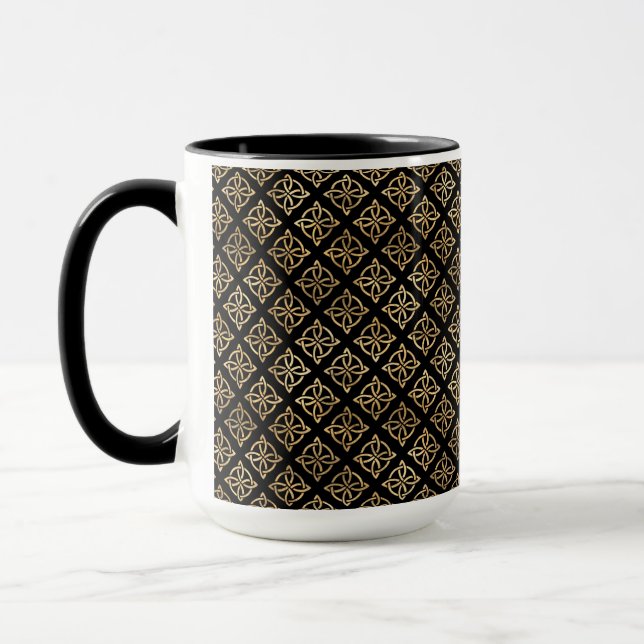 PRETTY BLACK & GOLD ROWS OF CELTIC KNOTS MUG (Left)