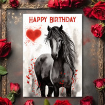 Pretty Black Horse and Hearts Happy Birthday