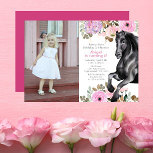Pretty Black Horse and Pink Flowers Photo Birthday Invitation