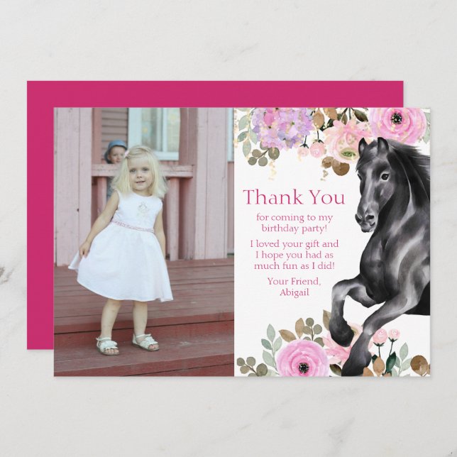 Pretty Black Horse and Pink Flowers Photo Birthday Thank You Card (Front/Back)
