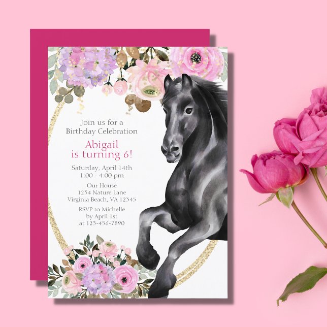 Pretty Black Horse with Pink Flowers Birthday Invitation (Creator Uploaded)
