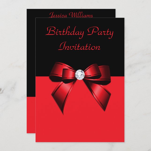 Pretty Black & Red Diamond Bow Birthday Invitation (Front/Back)