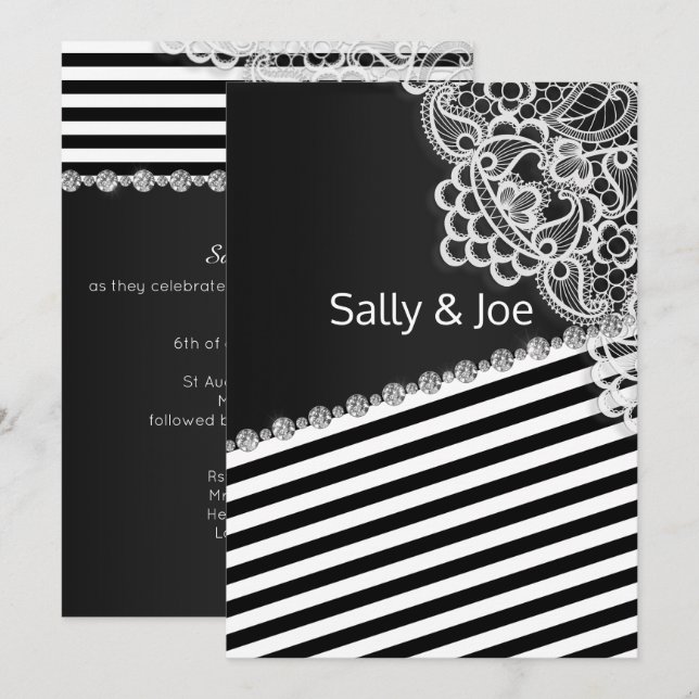 Pretty BLACK STRIPE  Lace Diamond Wedding Grey Invitation (Front/Back)